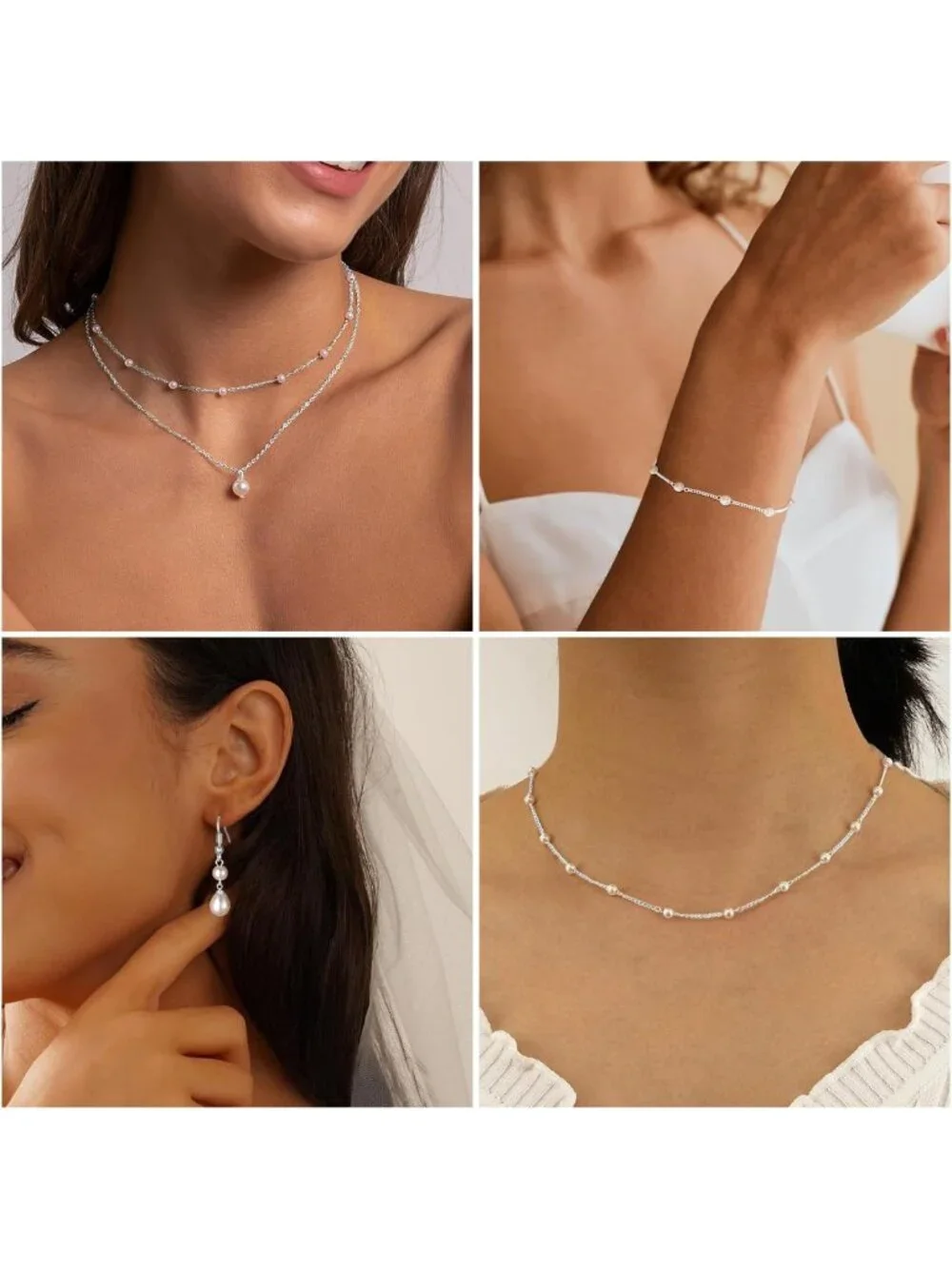 Dainty 14K Gold/Silver Pearl Jewelry Set - Layered Choker, Earrings & Bracelets